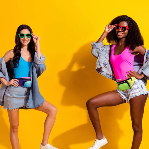 Two women wearing 80s Neon Fanny Pack With Two Zipper Pockets Belt Bag For Women And Men Waist Pack For Festivals And Holiday Parties
