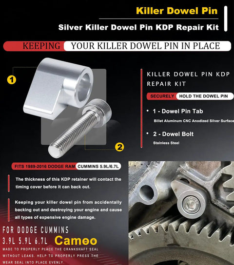Killer Dowel Pin KDP Repair Kit for Cummins 3.9L 5.9L 6.7L Diesel Engines, showing dowel pin tab and bolt with engine gear.