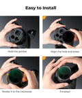 Four steps showing installation of Upgrade Circular Polarizer CPL Filter For DJI Mavic 4 Pro Drone Lens on gimbal.