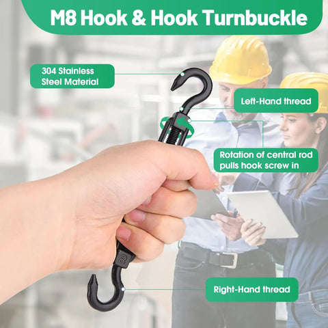 Hand holding 2 Pack M8 Hook and Hook Turnbuckle 304 Stainless Steel Heavy Duty Wire Rope Tensioner with black finish