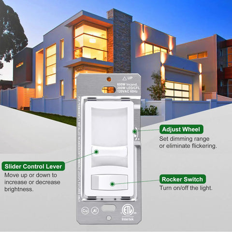 6 Pack Ultra Slim Dimmer Light Switch For LED CFL And Incandescent Lights Easy Install 15A 120V 60Hz Single Pole Or 3 Way 300W LED CFL 600W Incandescent ETL Listed White Slide Dimmer showing controls with house background