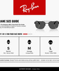 Frame size guide with Ray-Ban logo and example of oversize square black sunnies for wide faces, polarized grey lenses.