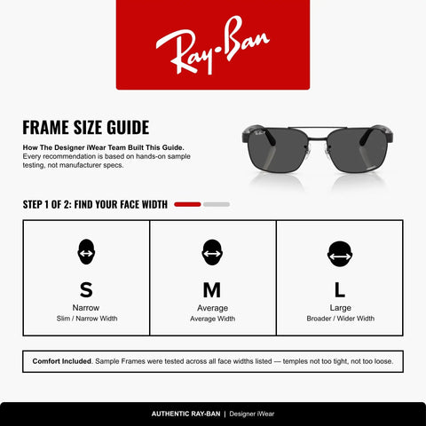 Frame size guide with Ray-Ban logo and example of oversize square black sunnies for wide faces, polarized grey lenses.