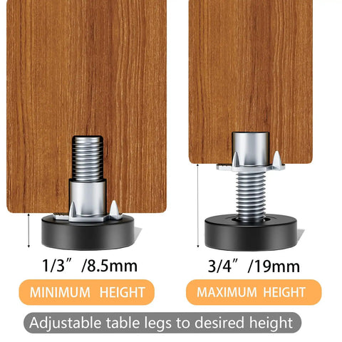 Quarter Inch Thread Leveling Feet 12 Pack With T Nuts Heavy Duty Adjustable Furniture Levelers showing minimum and maximum height