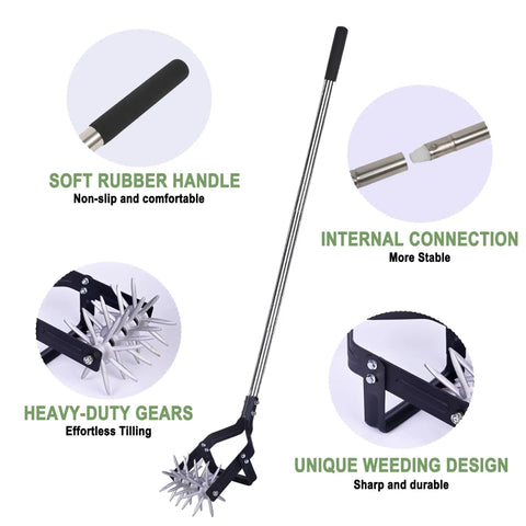 Garden Rotary Cultivator with 67 Inch Adjustable Handle and Durable Star Tines, featuring soft rubber handle and heavy-duty gears.