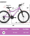 26 Inch Mountain Bike For Adults And Teens With Steel Frame And Suspension Fork, 21 Speed V Brakes, Purple, Side View