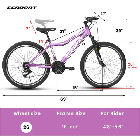 26 Inch Mountain Bike For Adults And Teens With Steel Frame And Suspension Fork, 21 Speed V Brakes, Purple, Side View