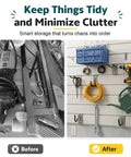 Before and after of a garage using 20 Piece Heavy Duty Slatwall Hook Kit For PVC Back Panel Steel Hangers Garage Organization Set