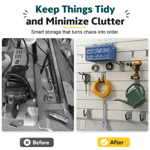Before and after of a garage using 20 Piece Heavy Duty Slatwall Hook Kit For PVC Back Panel Steel Hangers Garage Organization Set