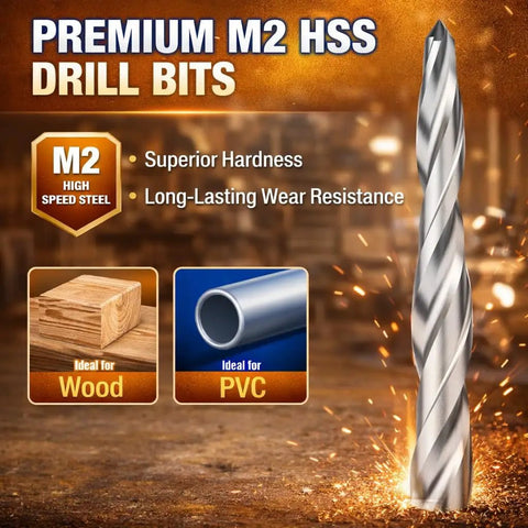 Five Pack Countersink Drill Bit Set With M2 HSS, ideal for wood cabinets, furniture and metal, showing drill bit and use for wood, PVC