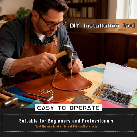 Man using 540 Piece Leather Rivet Kit With Three Sizes Double Cap Rivets And Leather Rivet Setting Tools for DIY leatherworking