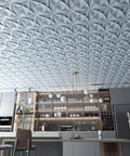 Decorative 2x2 Glue Up Ceiling Tile Floral Gray Pack of 12 for Drop Ceilings, shown above modern kitchen, lightweight PVC panels.