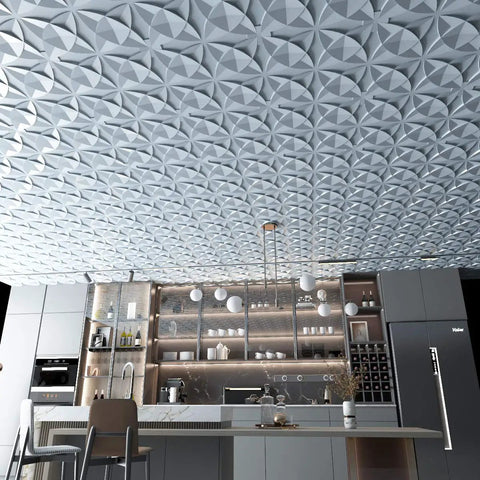 Decorative 2x2 Glue Up Ceiling Tile Floral Gray Pack of 12 for Drop Ceilings, shown above modern kitchen, lightweight PVC panels.