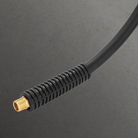 Close-up of Three Eighths Inch Hybrid Air Hose 50 Foot Heavy Duty Air Compressor Hose With Kink Resistant Design showing brass fitting