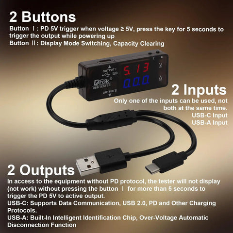 USB Power Meter Tester With Color LED Display Dual USB Ports USB A And USB C 2.0 PD QC 3.0 Fast Charging 7 Mode Readouts use details