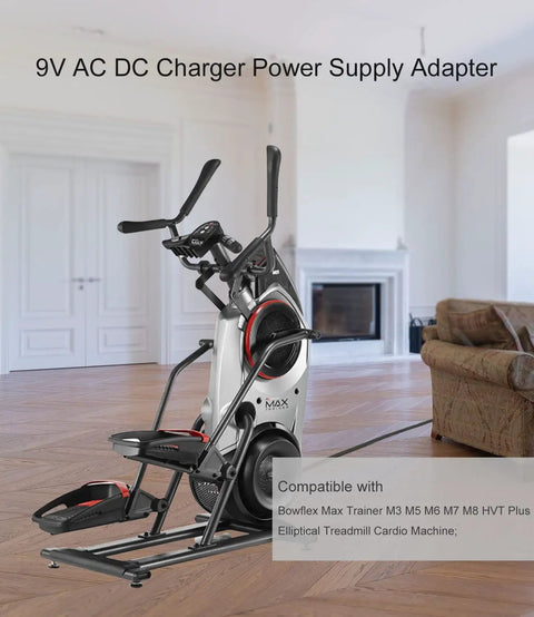 9V 2A Power Adapter for Max Trainer M3 M5 M6 M7 M8 HVT, Horizon Fitness machines, shown with elliptical in room.