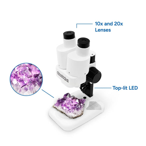 Beginner Stereo Microscope For Kids Eight To Twelve, Electronic Stereoscope Viewer Easy To Use With Specimens, Kid Friendly Microscope Kit For Home Science, Classroom Exploration And Outdoor Learning with 10x and 20x lenses, top-lit LED and rock sample