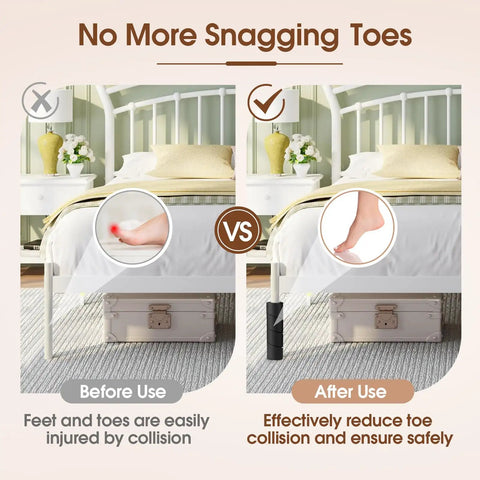 Comparison image showing Heavy Duty Rubber Bed Frame Toe Protectors Four Pack Cushioned Corner Guards for Furniture Legs use.