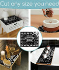 Collage showing Funny Black Laundry Room Top Dust Cover Pad with different uses on a nightstand, table, and bathtub.