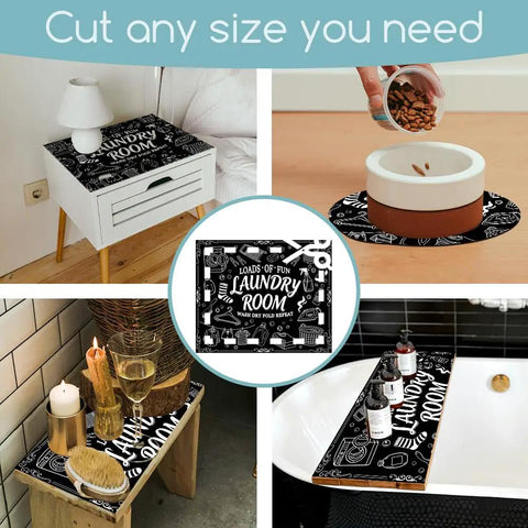 Collage showing Funny Black Laundry Room Top Dust Cover Pad with different uses on a nightstand, table, and bathtub.