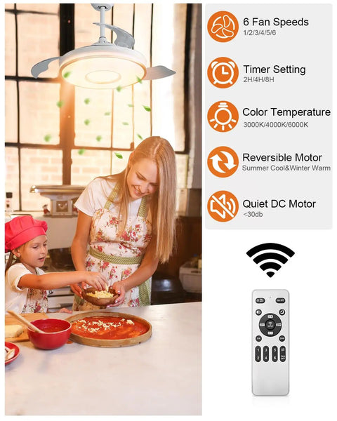 42 Inch Smart Ceiling Fan With Remote And Lights, Modern Chandelier Style, in kitchen with LED on, displaying features