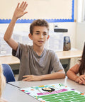 Children in classroom with 10 Language Saying Posters Set For Classroom Learning How To Say In Italian Arabic Korean Hindi Chinese French Spanish Japanese Russian German 12 By 18 Inches Made In USA visible on desk