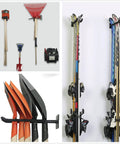 Heavy Duty Garage Hooks Set 2 Wall Mount Tool Hangers Twelve Point Four Inch Long Non Slip Rubber Coated For Car Tires Ladders Chairs Strollers Power Tools And Garden Tools installed holding various tools and skis.