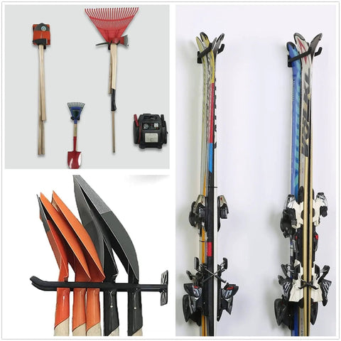 Heavy Duty Garage Hooks Set 2 Wall Mount Tool Hangers Twelve Point Four Inch Long Non Slip Rubber Coated For Car Tires Ladders Chairs Strollers Power Tools And Garden Tools installed holding various tools and skis.