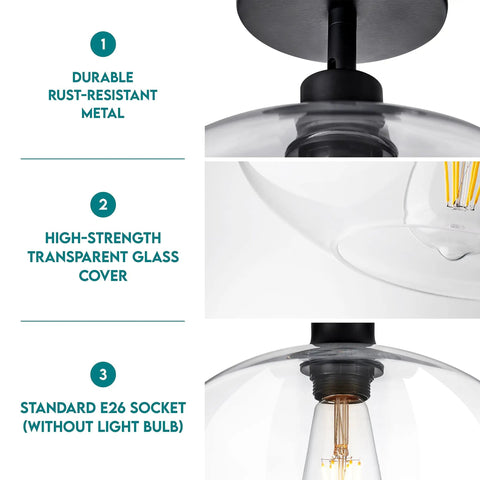Semi Flush Mount Ceiling Light With Clear Glass Shade Modern Vintage Vibe Fixture showcasing rust-resistant metal and E26 socket