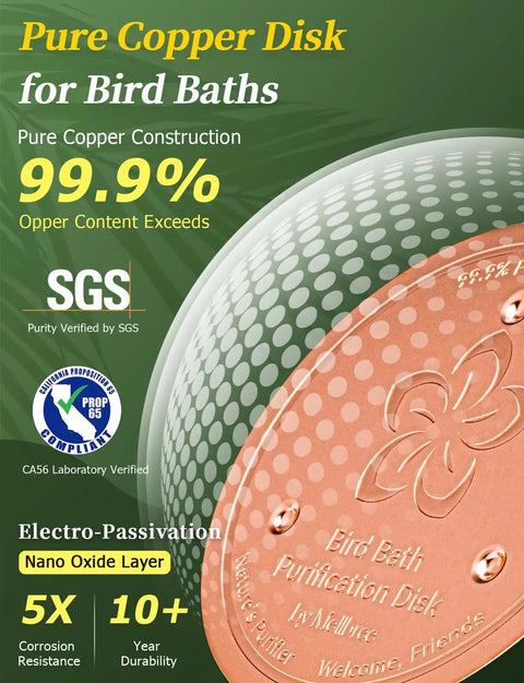 Copper Bird Bath Cleaning Disc for All Weather Water Care 0.6mm 99.99% Pure Copper, product packaging with specifications and logos