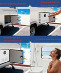 Heavy Duty 12V Propane Tankless Water Heater 55000 BTU installed in RV cabinet for outdoor hot water use.