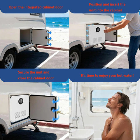 Heavy Duty 12V Propane Tankless Water Heater 55000 BTU installed in RV cabinet for outdoor hot water use.
