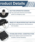 Two Pack 15 Amp Push Button Circuit Breaker With Waterproof Caps 125 To 250V AC And 50V DC Manual Reset Thermal Overload Protector For Home Appliances, Welding, Coffee Makers, Vending Gear, Juicers, black stainless steel, 56x35x14.5mm
