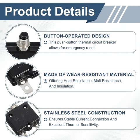 Two Pack 15 Amp Push Button Circuit Breaker With Waterproof Caps 125 To 250V AC And 50V DC Manual Reset Thermal Overload Protector For Home Appliances, Welding, Coffee Makers, Vending Gear, Juicers, black stainless steel, 56x35x14.5mm