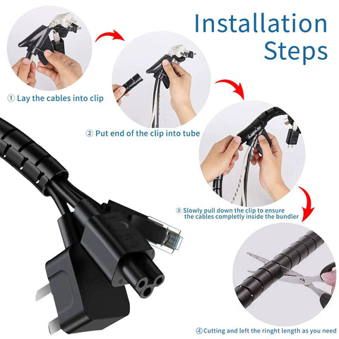 Installation steps for using 2 Inch Desk Grommet Kit With Bi Metal Hole Saw, 50mm Hole Cover, Cord Wrap, And 2M Cable Sleeve Organizer.