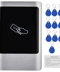 Outdoor IP65 Wiegand Access Control System With Touchscreen Keypad, Dual Frequency 125kHz And 13.56MHz Card Reader, Weatherproof Metal Housing, Ideal For Single Entry Doors, Supports Up To 15000 Users. Silver metal RFID access controller with blue key fobs