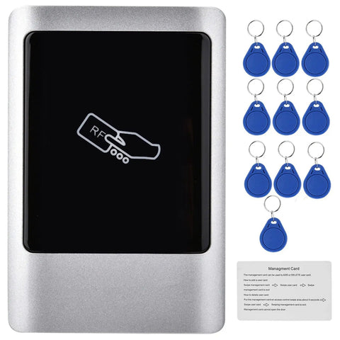 Outdoor IP65 Wiegand Access Control System With Touchscreen Keypad, Dual Frequency 125kHz And 13.56MHz Card Reader, Weatherproof Metal Housing, Ideal For Single Entry Doors, Supports Up To 15000 Users. Silver metal RFID access controller with blue key fobs