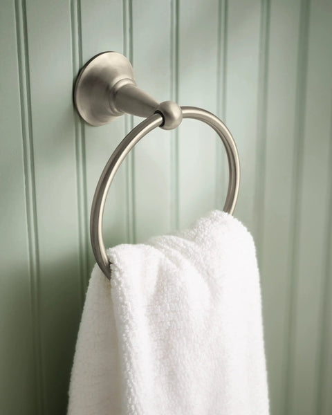 Sage Collection 3 Piece Decorative Bath Hardware Set In Brushed Nickel towel ring, wall-mounted, with white towel in bathroom