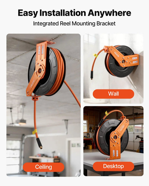 Professional Grade Retractable Air Hose Reel Half Inch By Fifty Feet Solid Rubber Compressor Line mounted on ceiling with 50ft hose