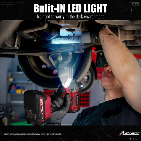 Mechanic using Brushless 1/2-Inch Impact Wrench With 450 Nm Max Torque, 332 Ft-Lbs, 20V Cordless Tool With LED Light under car
