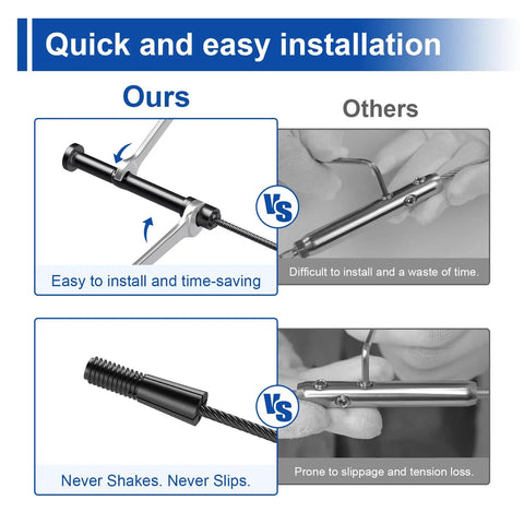 Comparison of installation methods for 10 Pack Swageless Invisible Cable Railing Kit for Deck and Stair Railings in Black Finish.