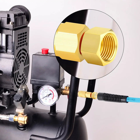 Installation of Five Piece Beefy Brass Pipe Fitting Reducer Adapter Set Three Eighths Inch Female To One Quarter Inch Male on a compressor