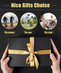 Hands holding a gift box with a gold ribbon, featuring images of people enjoying bikes symbolizing gift choices for friends, kids, and elders.