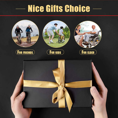 Hands holding a gift box with a gold ribbon, featuring images of people enjoying bikes symbolizing gift choices for friends, kids, and elders.