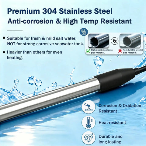 Portable 1800 Watt Immersion Water Heater For Small Pools And Tubs With Plug And Play Setup For Instant Hot Water, showing premium stainless steel construction.