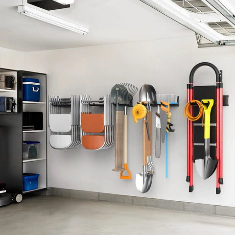 Wall Mounted Garden Tool Organizer For Garage Heavy Duty Tool Rack With 11 Inch Hooks Holds Shovels Rakes Ladders And Folding Chairs