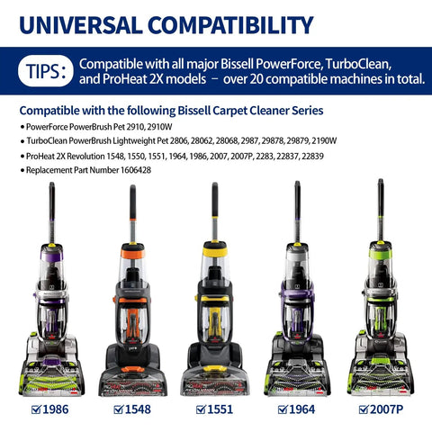 Compatible models for Pro Grade Replacement Belt Kit For Bissell ProHeat 2X Revolution Pet Pro Carpet Cleaner Models 1986 2007 1548 1551 1964 Includes Flat Brush And Gear Belts Three Pack Replaces 1606428 1611129 1611130