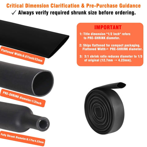 Heat shrink tubing kit, black, 1/2-inch pre-shrink diameter, 10 ft length, adhesive-lined dual-wall tube