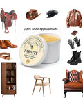 Top Shelf Leather Repair Salve And Residue Free Conditioner Slick Polish For Cars Sofas Shoes And Wood Furniture Fast Absorb Nourishing Balm in a tub with leather items and furniture.
