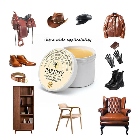 Top Shelf Leather Repair Salve And Residue Free Conditioner Slick Polish For Cars Sofas Shoes And Wood Furniture Fast Absorb Nourishing Balm in a tub with leather items and furniture.